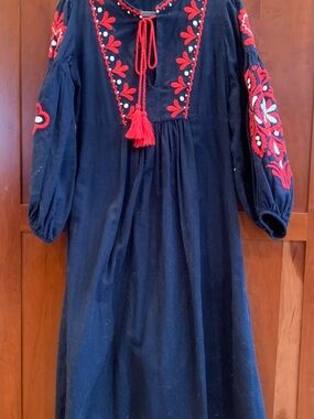 Zara Navy Midi Dress with Red Embroidery